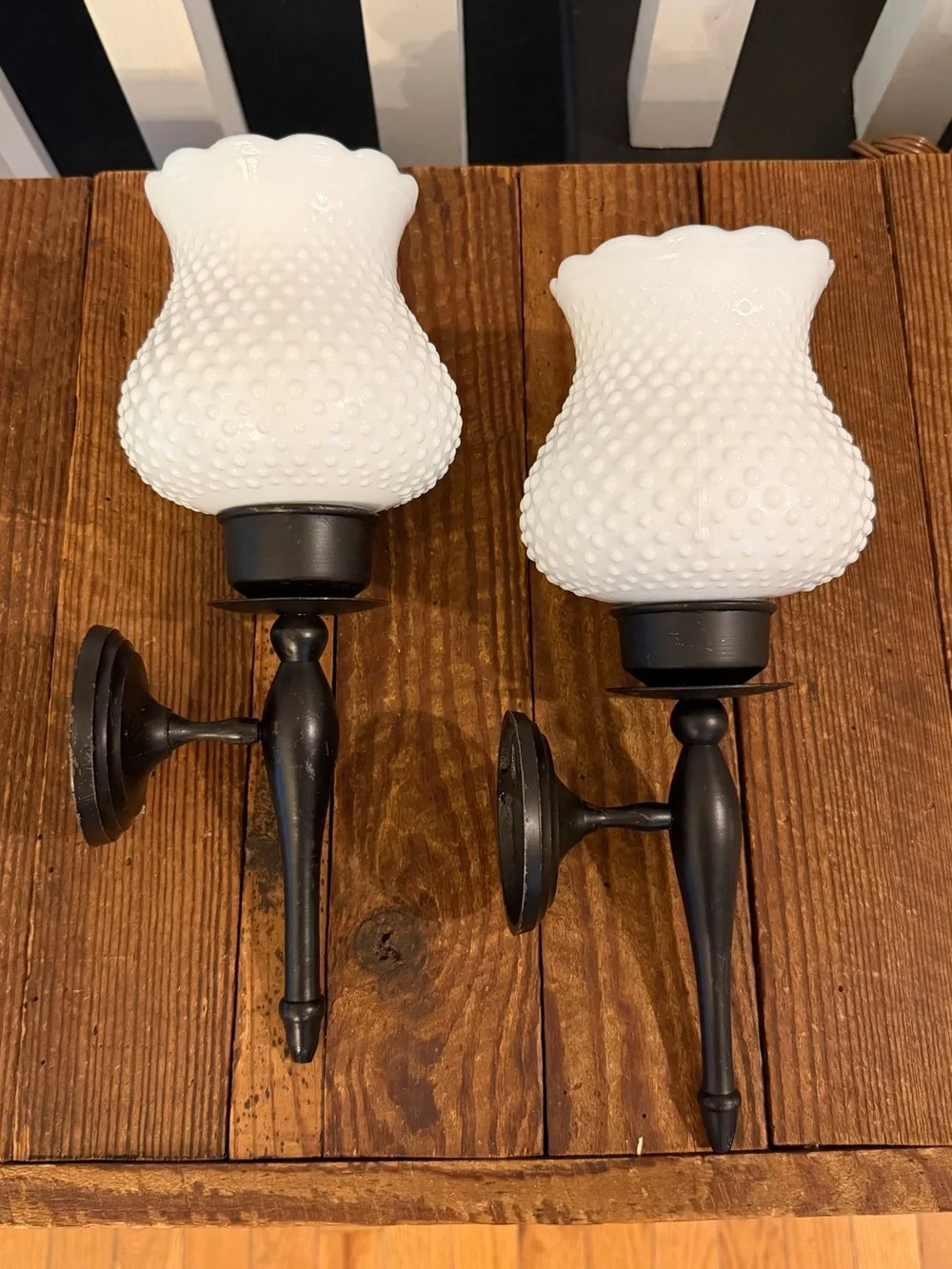 Vintage White Hobnail Glass Candle Wall Sconce with Black Metal Mounts